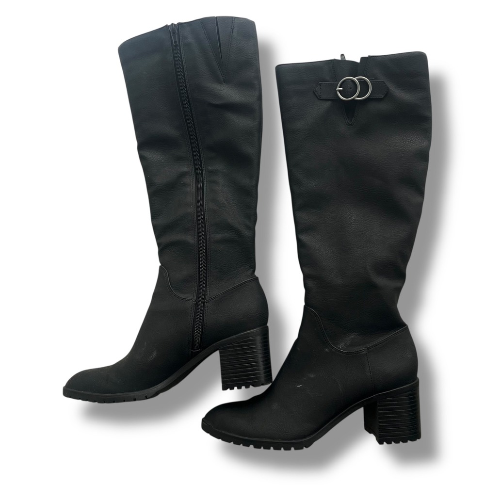 LifeStride Women 7M Black Faux Leather Tall Side Zip Buckle Accent Morrison Boot